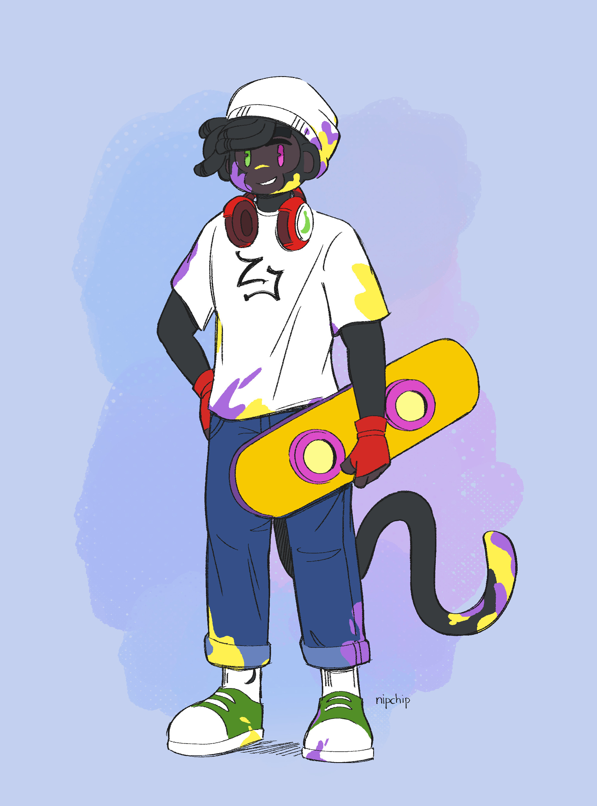 A fan redesign of Zee Jay: a black fur monkey with hair locs. He is wearing a beanie, a loose print tee ('ZJ' printed on the front), headphones around his neck, fingerless gloves, skater jeans and sneakers. A hoverboard is held at his side. Purple and yellow paint is splattered all over his fur and clothes.